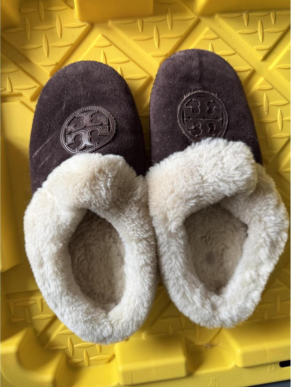 Tory Burch Brown Suede Shearling Slippers